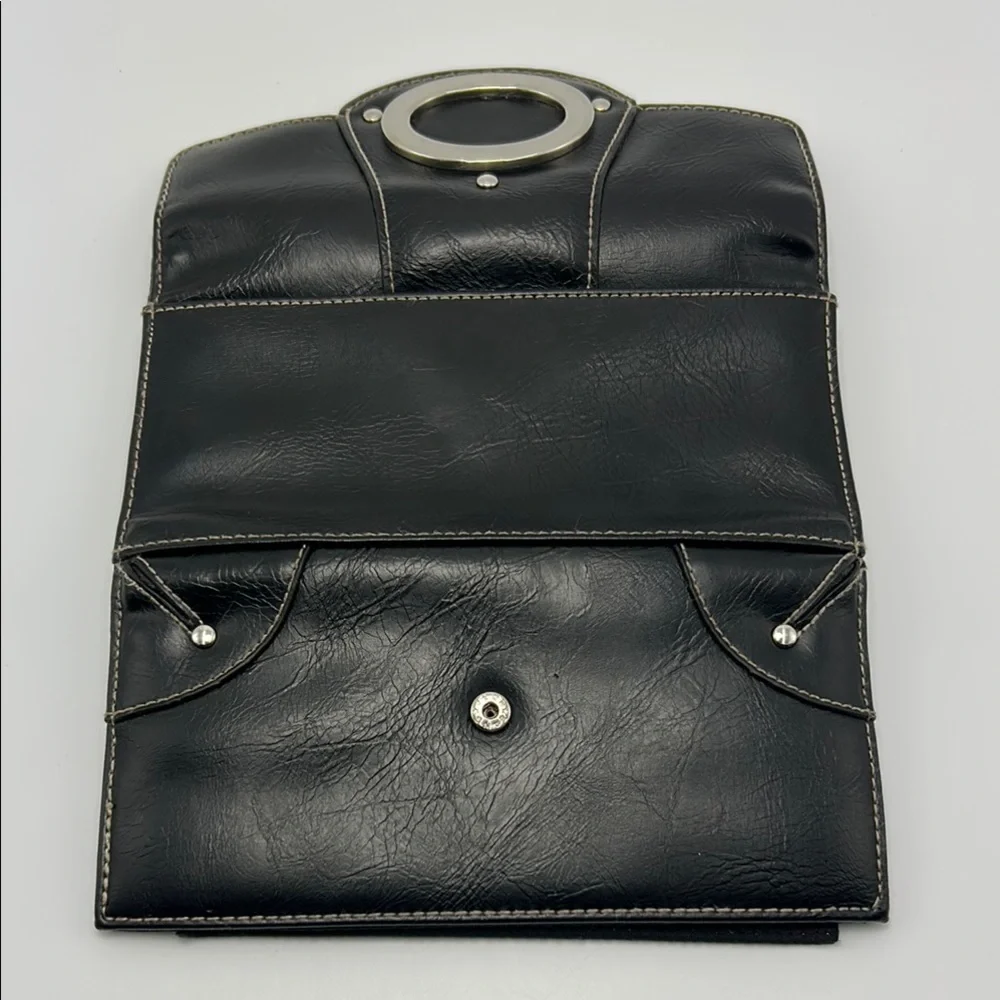 Women's Trifold Wallet Clutch Black with Silver & Stitch‎ Details Casual